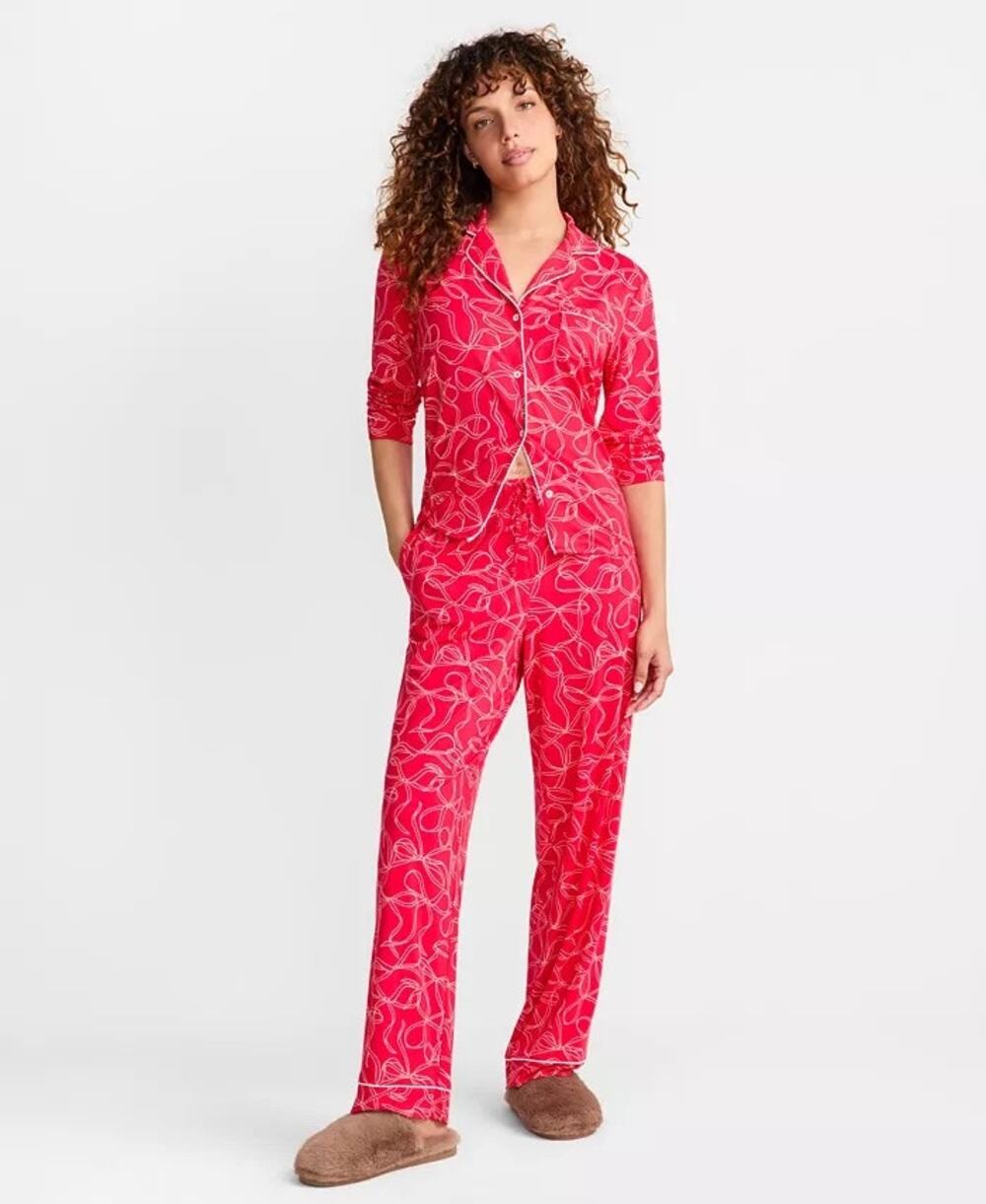 STATE OF DAY Notched-Collar Bow Print Pajama Set - Red - Size Small